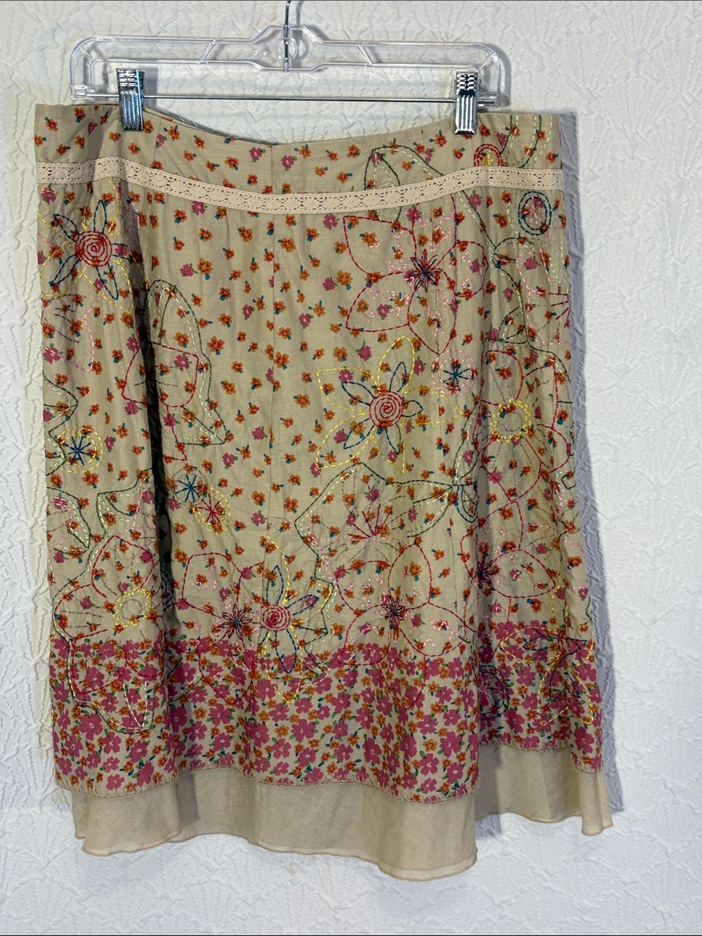 Bohemian Tribal Beige Floral Embroidered A-Line Skirt with Pink & Orange Accents